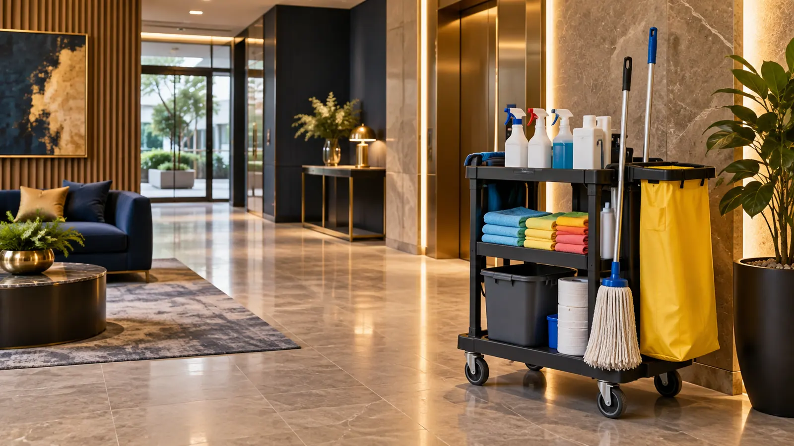 Cleaning trolley in a strata apartment lobby before the weekly clean