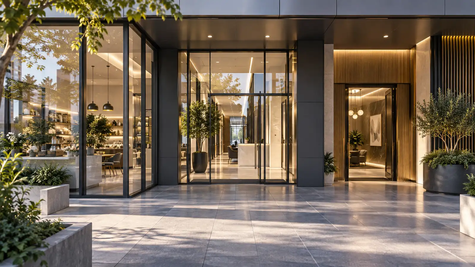 Clean mixed-use strata entry with retail podium and office lobby in Melbourne