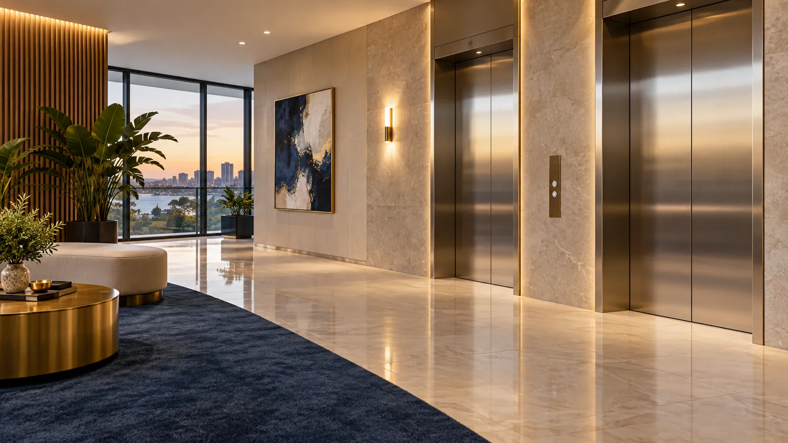 Polished lift doors in a clean strata lift lobby in a Melbourne apartment building