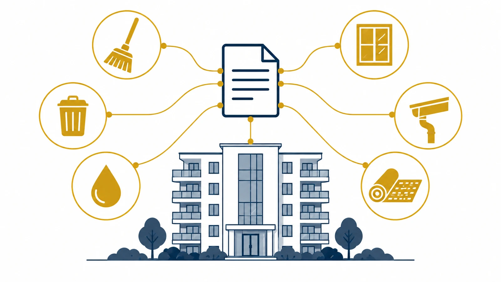 Illustration of one strata cleaning contract covering bins, windows, gutters, carpets and common areas