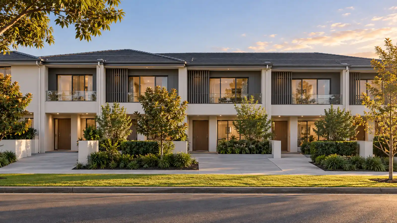 Well-kept townhouse strata scheme with a clean shared driveway and garden strip