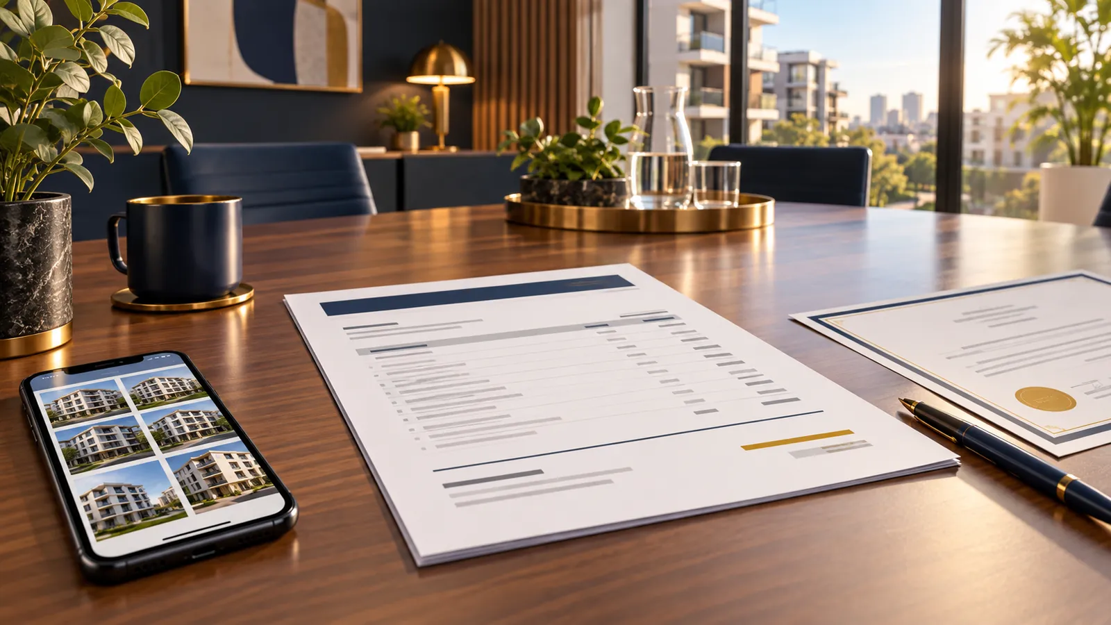 Committee quote pack with printed scope and photo report on a meeting table