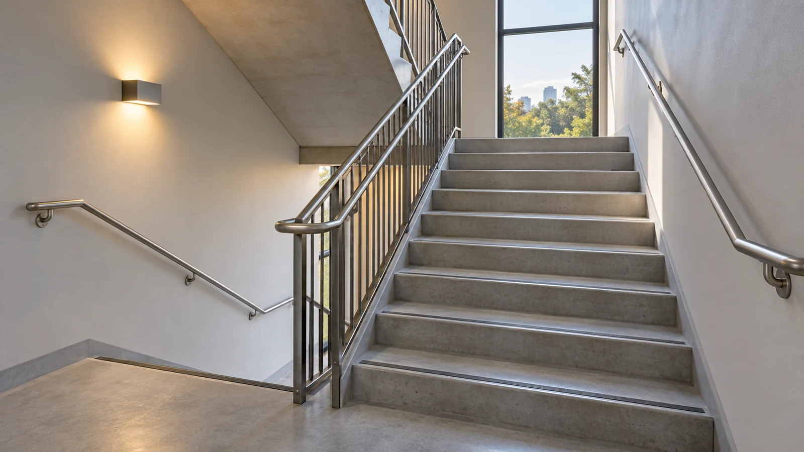 Clean fire stairs with dust-free handrails in a residential apartment building