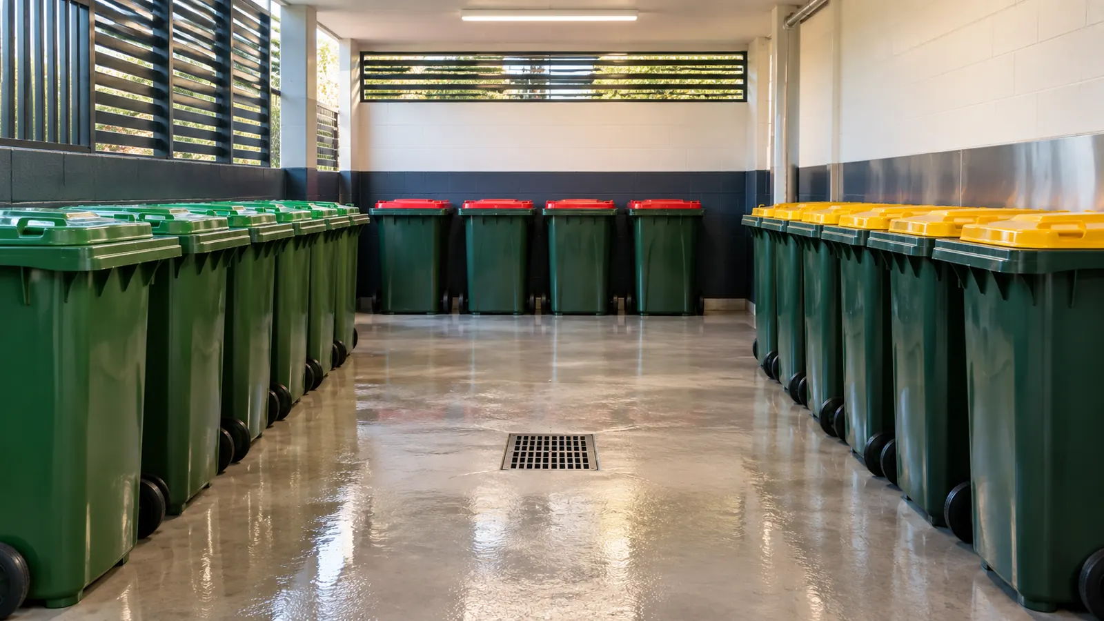 Washed strata bin room with bins lined up and a clear floor drain