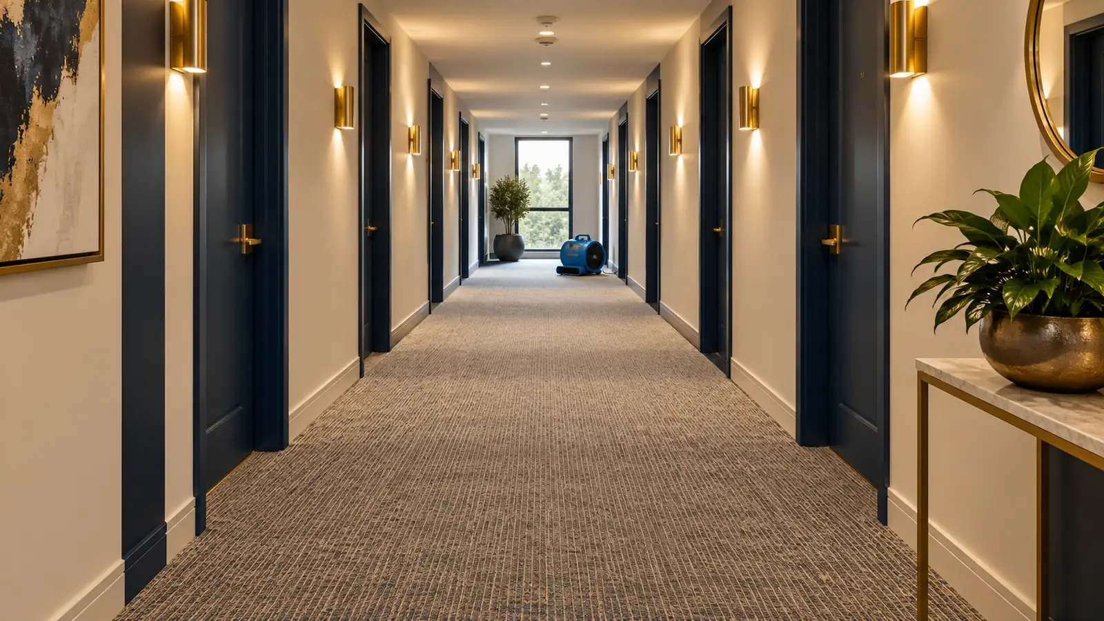 Freshly cleaned carpet in an apartment building corridor
