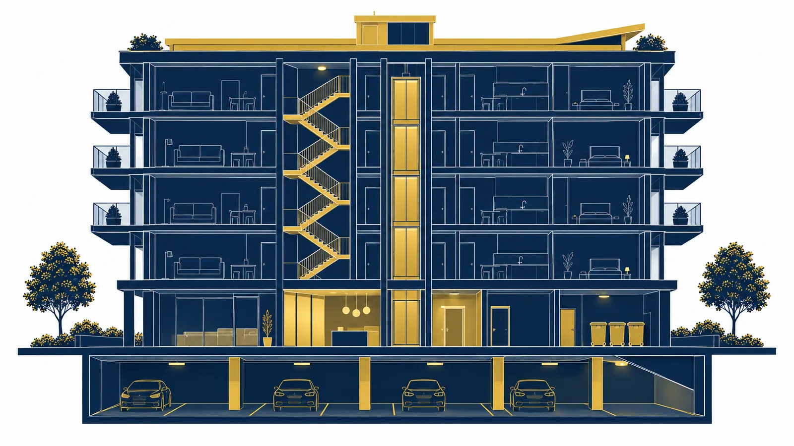 Cutaway illustration of the common property zones that strata cleaning services cover, from roofline to basement