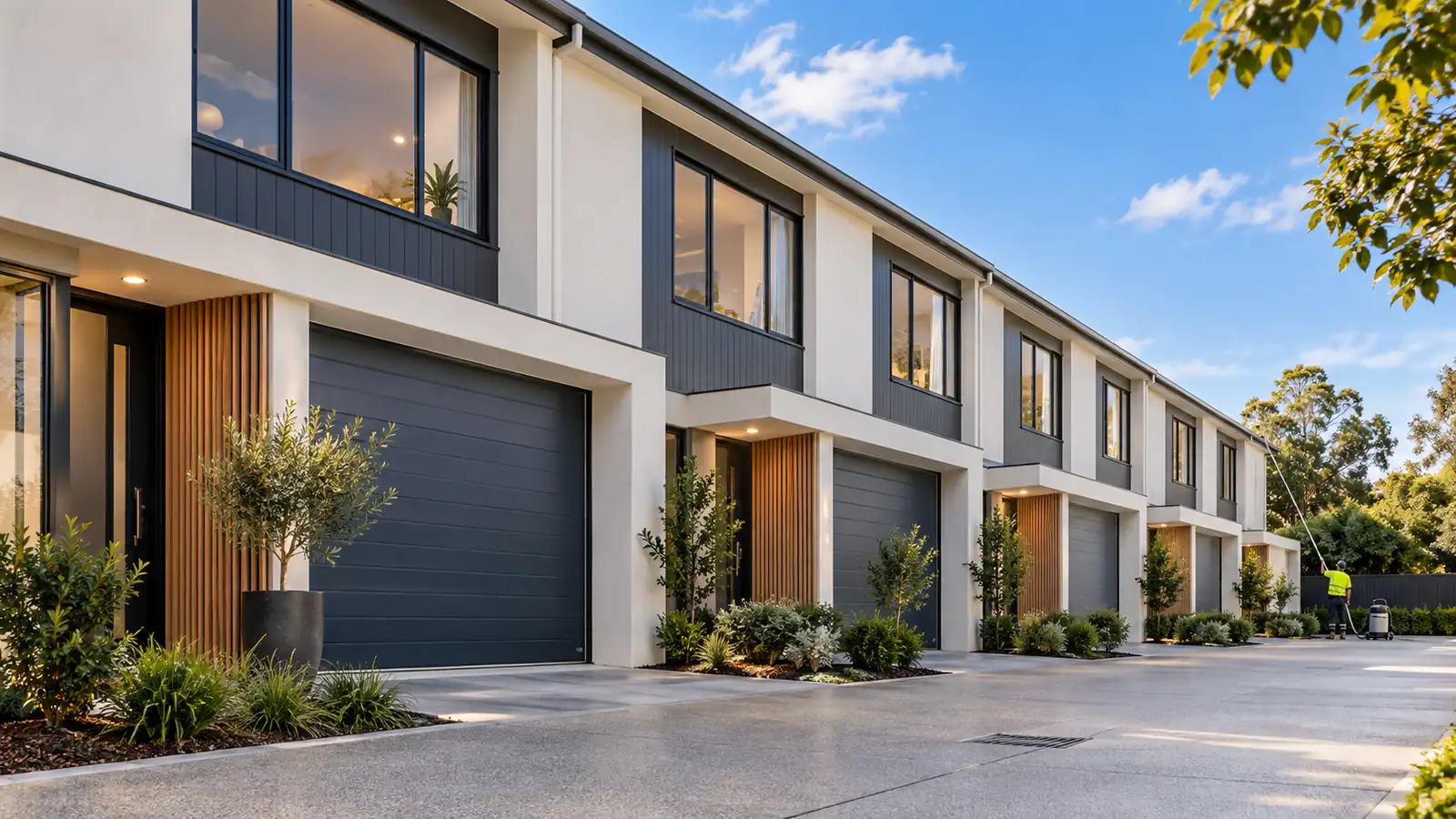 Townhouse strata row with clear gutters along a shared roofline