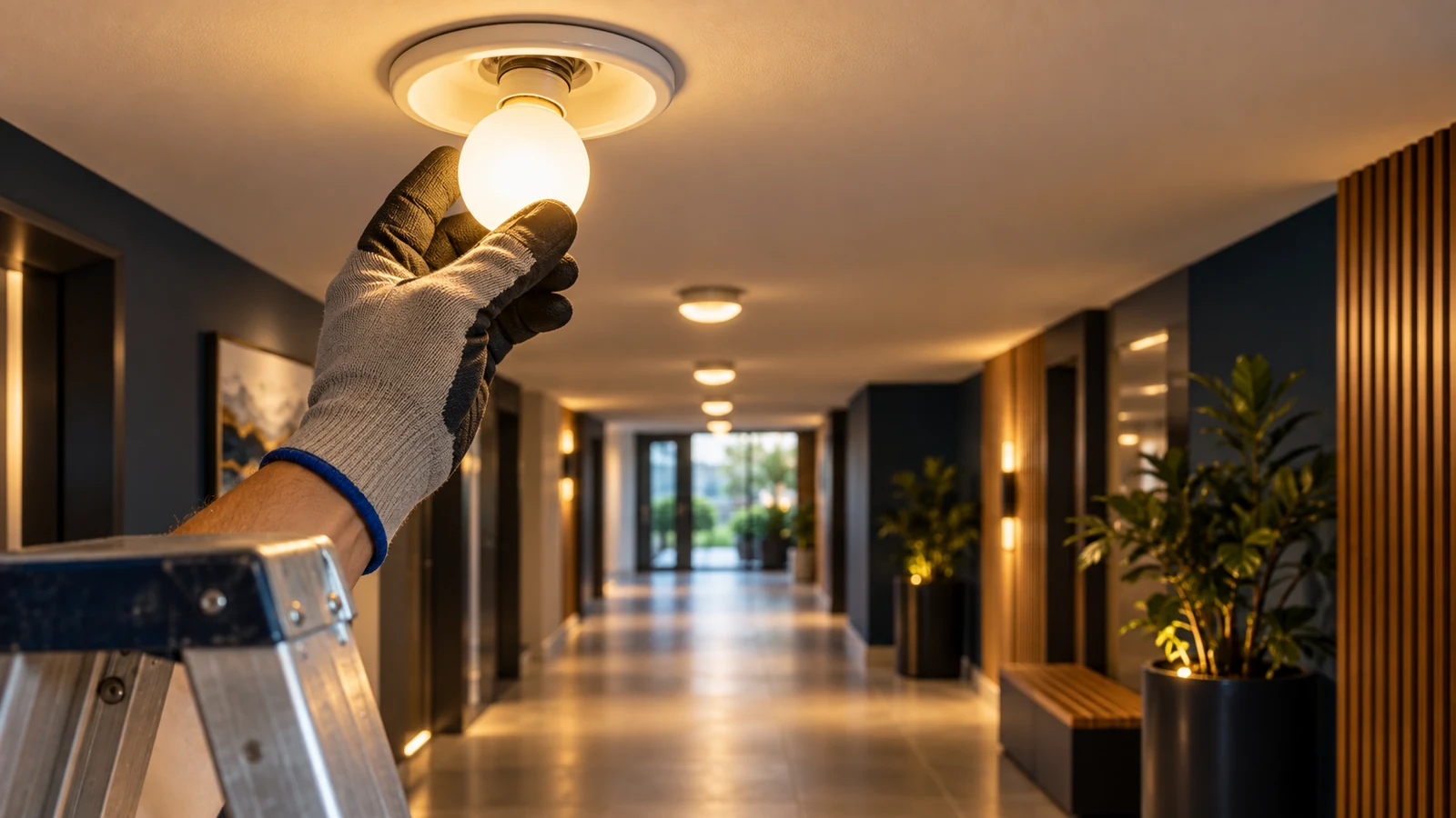 Common-area light globe being replaced in a strata corridor