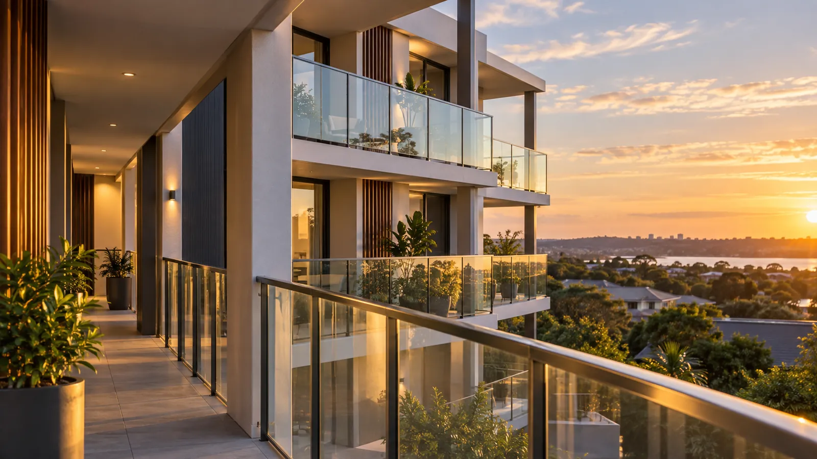 Clean glass balustrade on a shared apartment walkway
